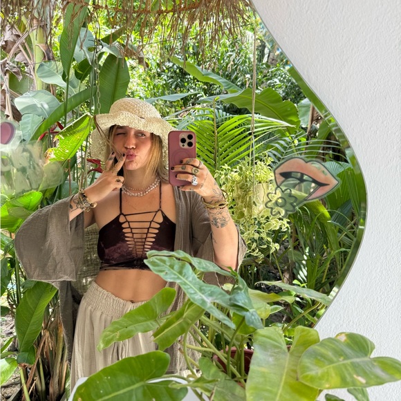 Tops - Slit Weave Strappy Brown Purple Green Halter Open Back Deep V Plush Cotton Top